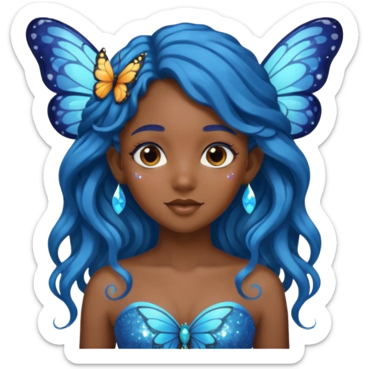 Black girl fairy with long wavy blue hair butterfly wings sparkly sticker