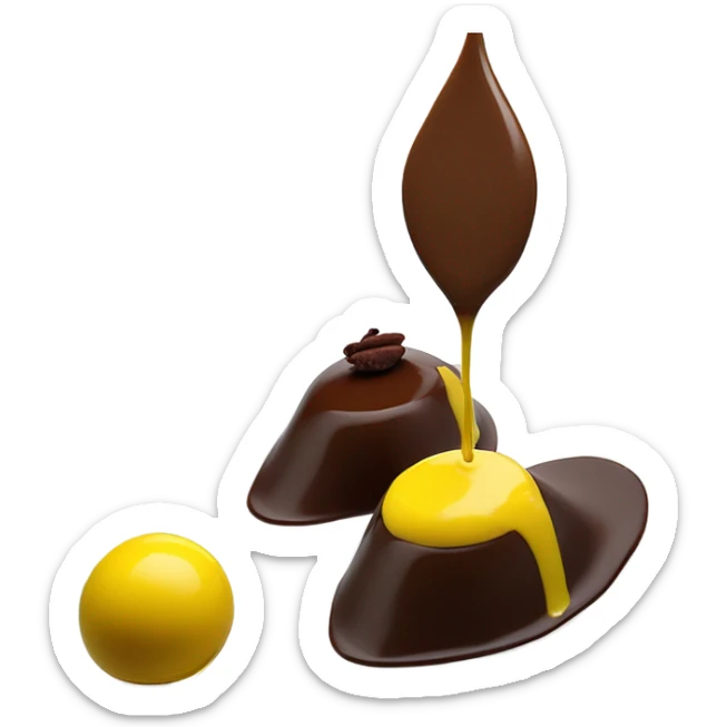 1 Chocolate quenelle and 1 vanilla quenelle on a fine dining glass plate with 3 small drops of yellow sauce as decoration sticker