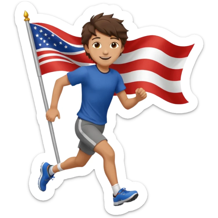 A teen boy with messy brunette hair, running with a fluttering flag behind him. sticker
