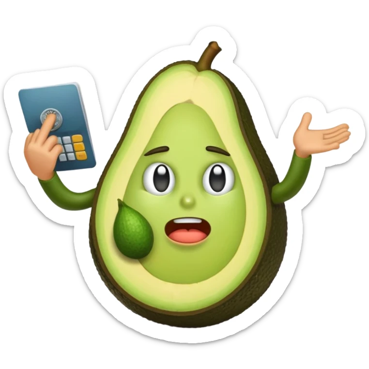 Emoji of a stressed-out avocado 🥑 trying to pay online bills with tiny arms. sticker