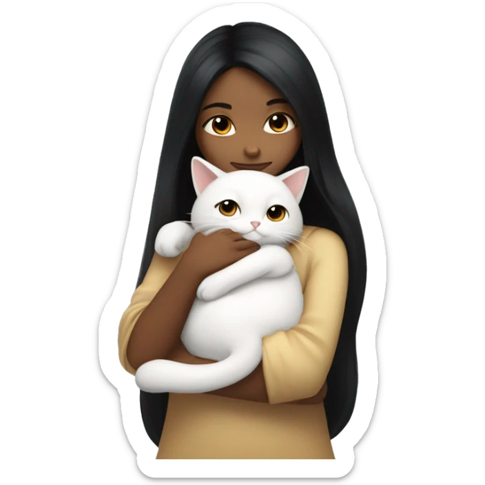 girl with very long black hair and caramel skin hugging a white cat sticker
