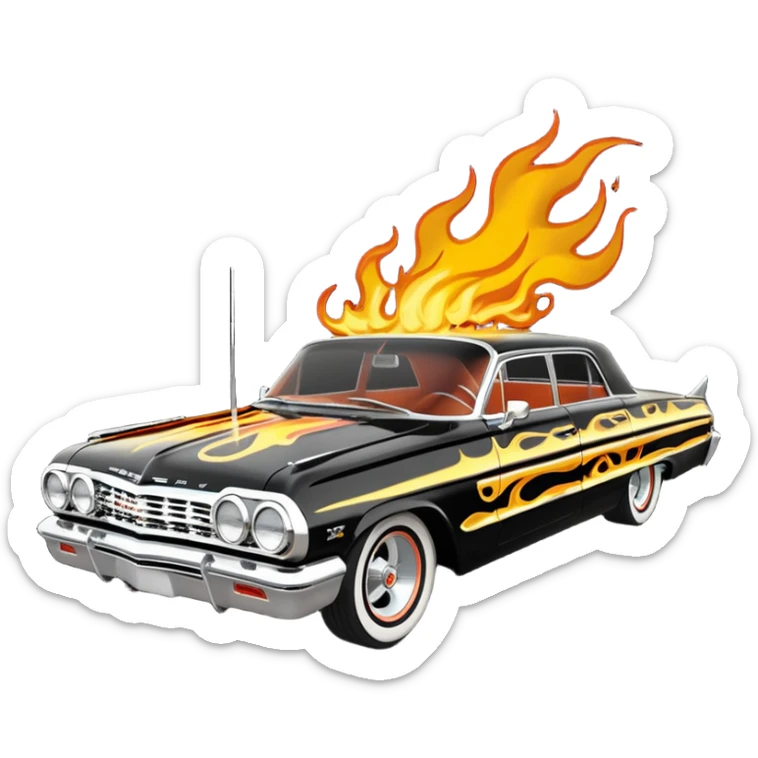 Hot rod custom 1964 impala low rider four door Anubis theme painted hood flaming side-pipes sticker