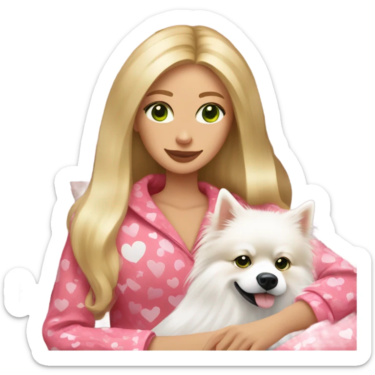 Woman, long length blonder hair, give her pretty green colored eyes, wearing red and pink hearts design on pajamas, lounging on a cozy couch with white fluffy pomeranian dog sticker