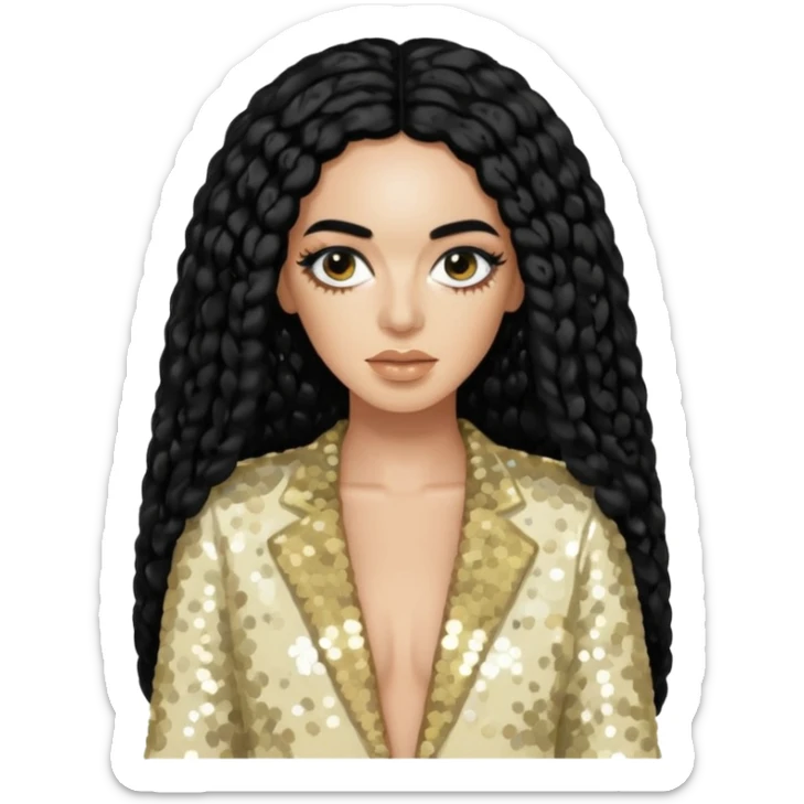 Solange from Destiny's Child with long black hair, cream sequin outfit  sticker