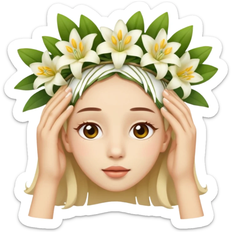 Emoji Face upside down 🙃, with a flower crown on his head, a crown of small white and yellow lilies sticker
