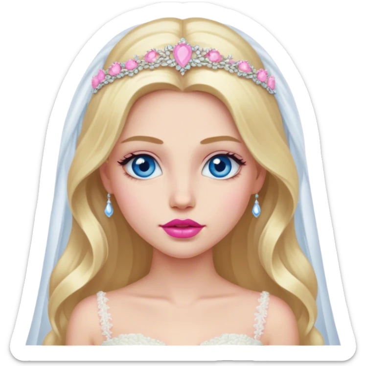 Cinematic realistic blonde with long hair, blue eyes and pink lips in a wedding dress sticker