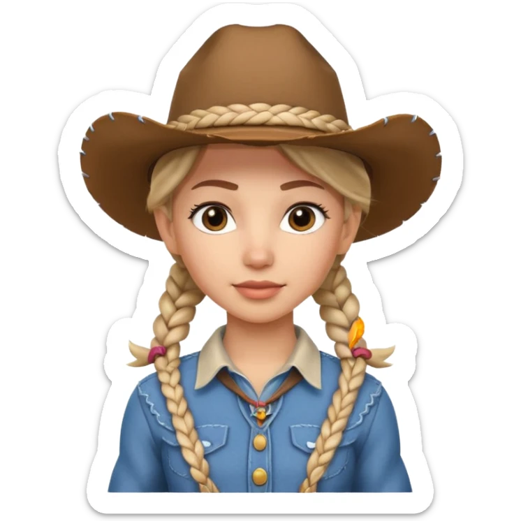 cute cowgirl portrait, head and shoulders only, cowboy hat, braided hair, western outfit collar, confident expression, 3D cartoon, mobile game icon style, clean background, no text, no watermark
 sticker
