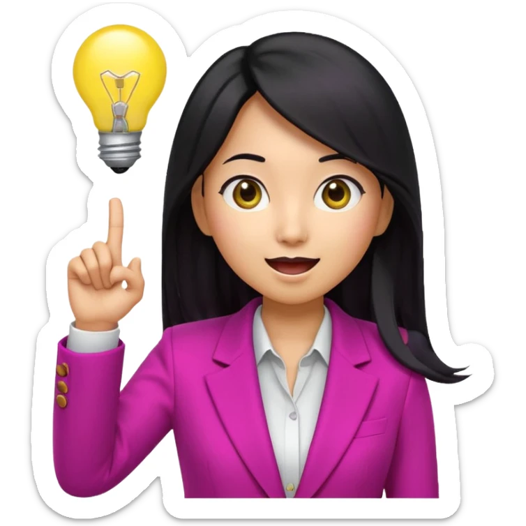 Cute 3D emoji of a Korean woman in a magenta blazer, long black hair and big brown eyes, with a light bulb above her head, excited expression, finger pointing up, solid lemon yellow background. sticker