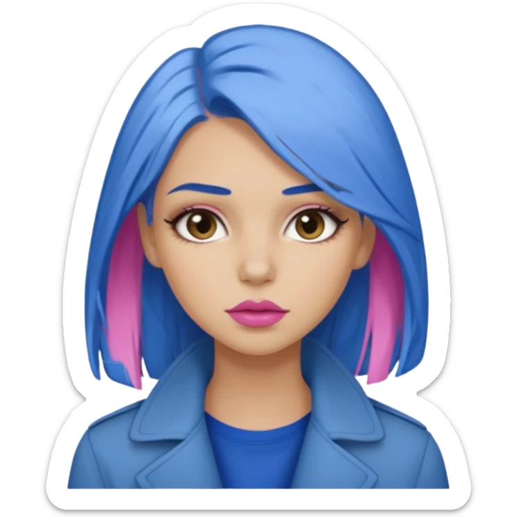 Make a girl with medium dirty blonde hair with an under coat of blue hair, add pink soft lips, lashes and  a tan skin tone sticker