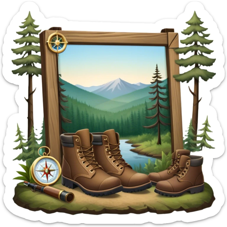 emoji for Hunting Tourism: a rifle, hunting boots, and a compass on a forest background, with a silhouette of wildlife in the distance. The icon should capture the adventure and connection with nature in hunting tourism. Transparent background. sticker