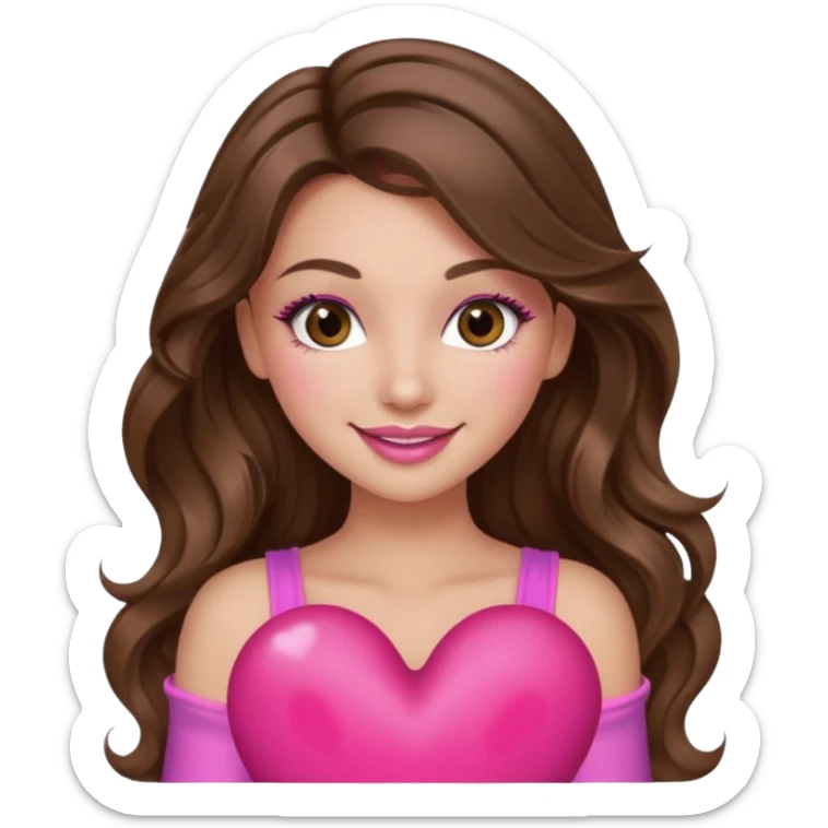 girl with long wavy brown hair, brown eyes, long lashes makeup, sexy pink lips, light to medium complexion, wearing a pink sexy top, smiling, holding a big heart sticker