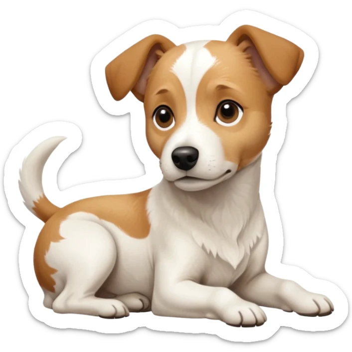 a full body facing front on of a buff white beagle cross jack russell terrier looking dog the size of a kelpie with light brown long ears resting on its face and a light brown patch above one eye and a large snout. the rest of the dog is completely white.  sticker