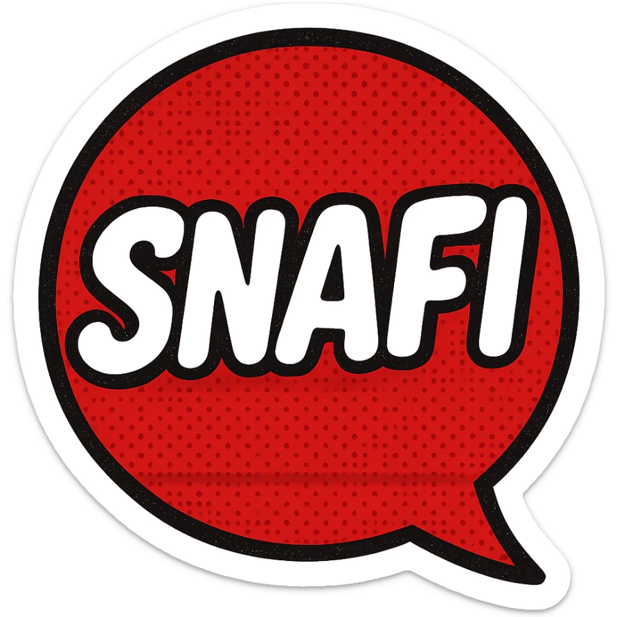 bold red emoji face bubble with the word SNAFI in white bubble font, text emoji style, comic pop art look sticker