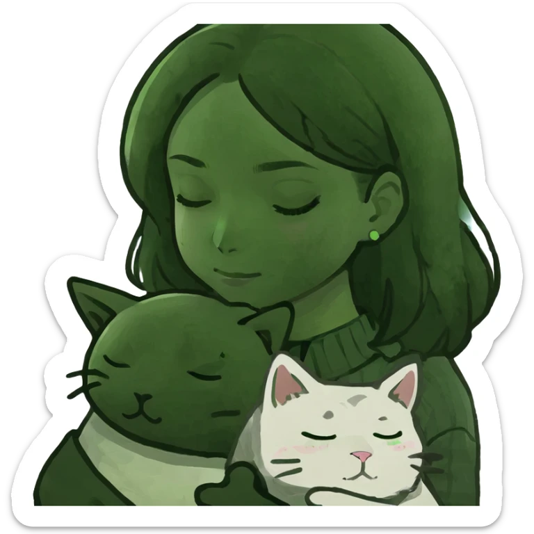 A closing eye girl hugs a white jinjila cat , the cat’s eyes are green  sticker