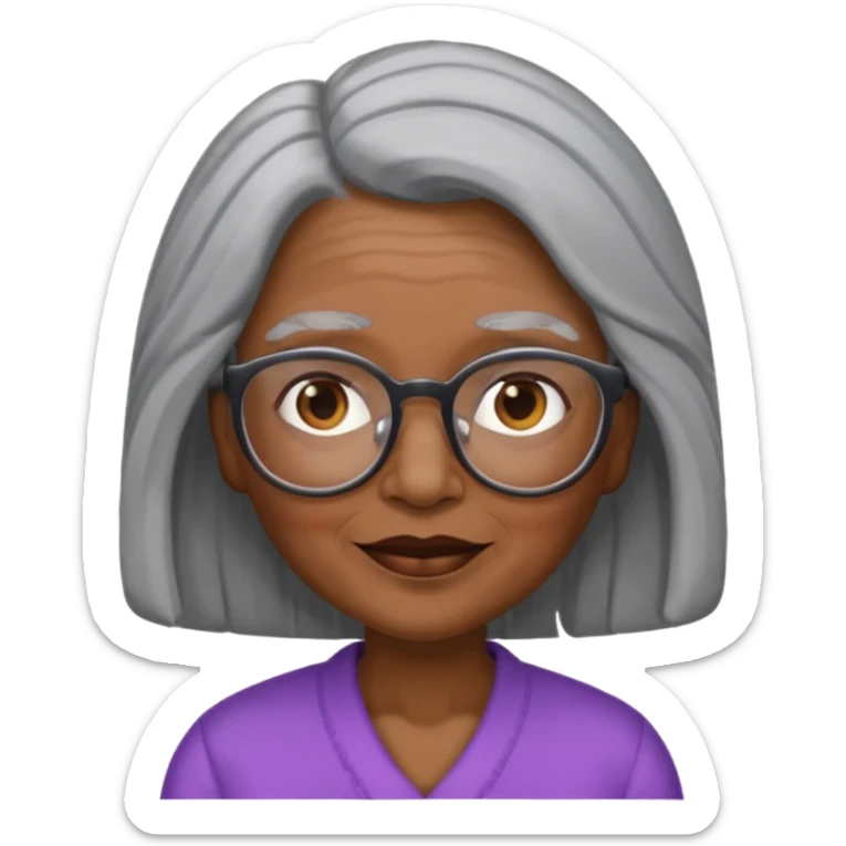 emoji of a black grandma women with long black and gray hair with glasses and brown eyebrows sticker