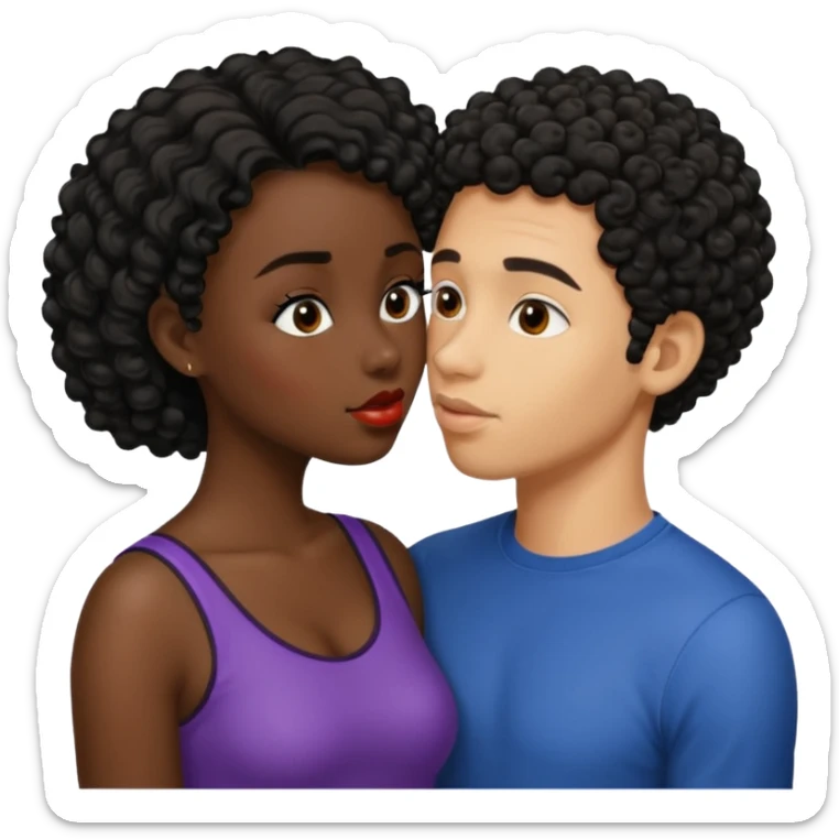 A dark skin woman with a light skin man who has black short curly hair kissing  sticker