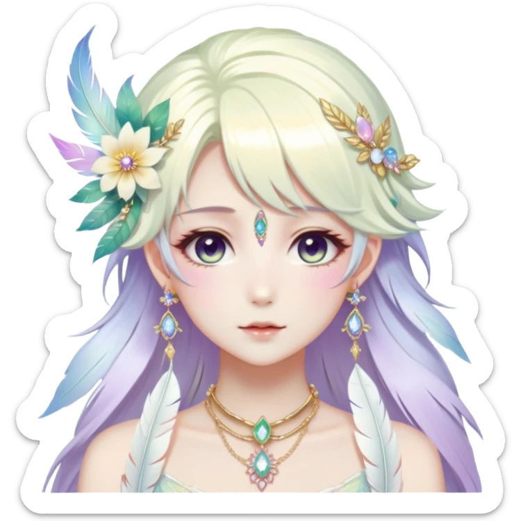 Beautiful gorgeous anime lady with beautiful iridescent-white-special-hair, fashion aesthetic, ethereal, fairycore, pastelcore, feather, flower, gems, accessories, jewelries, gold, colorful sticker