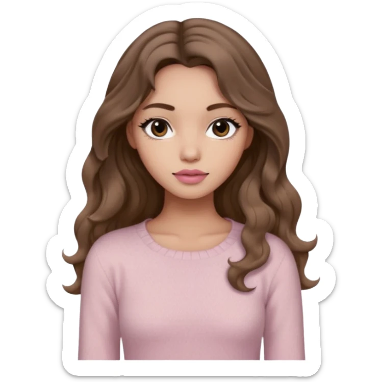 a woman with beige knit long sleeve top, her hair is long wavy brown hair, her face is soft girl style, her eyes color are black and the color of her lip is soft pink sticker