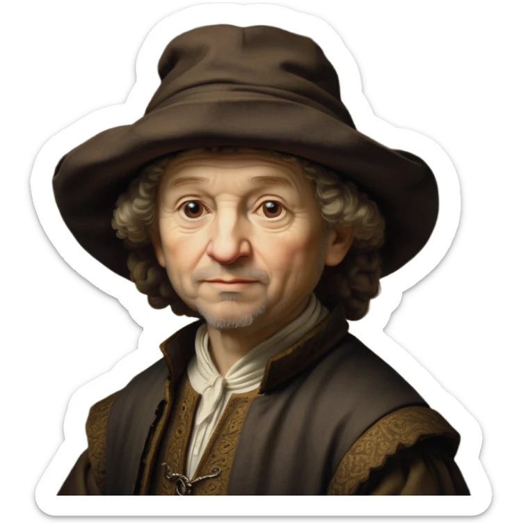 emoji of rembrandt,-shown-as-a-master-artist-with-deep,-introspective-eyes-and-richly-detailed-period-clothing,-rendered-with-dramatic-chiaroscuro-lighting-that-emphasizes-his-legacy brown puffy hat sticker