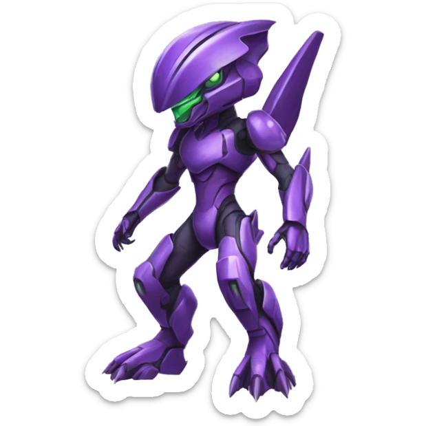 a purple-green Genesect-Raptor-Fakémon—hybrid with a futuristic visor-helmet full body sticker
