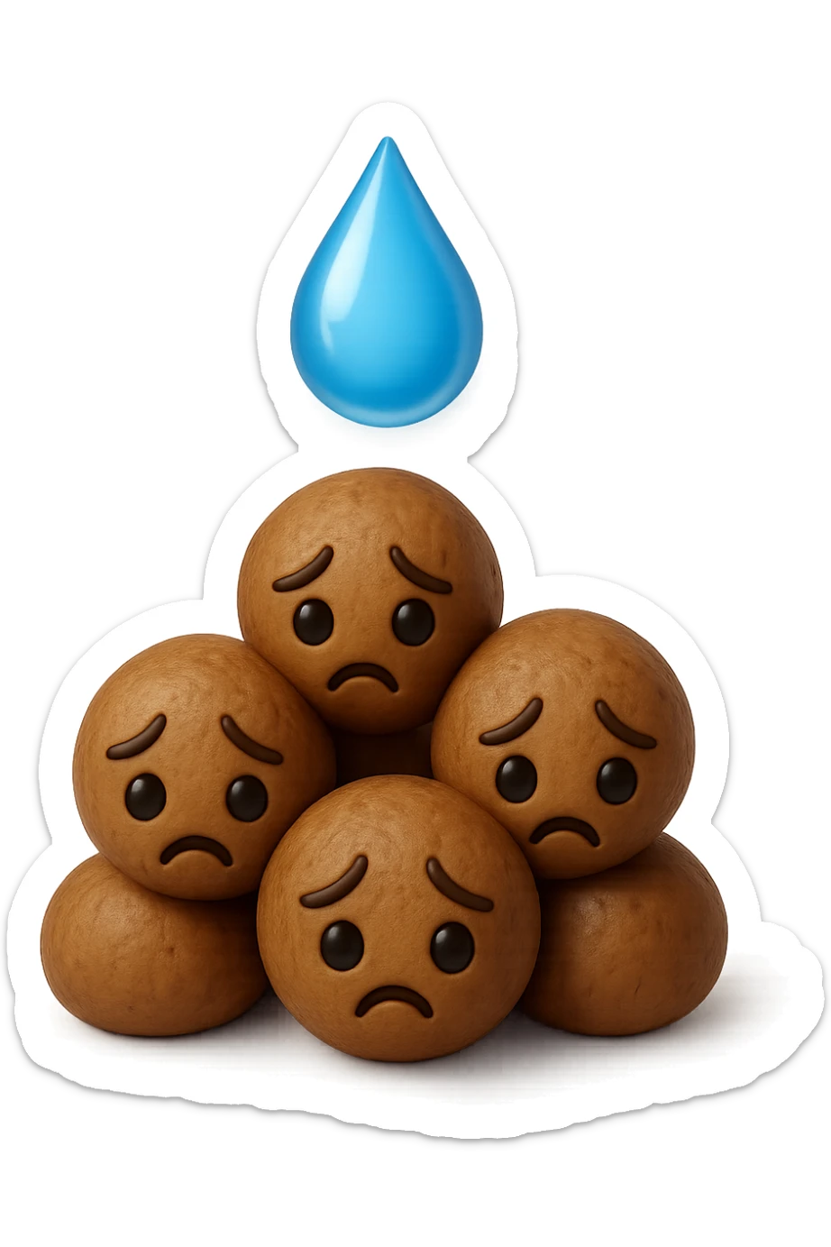 emoji stile iphone di una montagnetta di feci umane realistiche a palline tristi con sopra un simbolo delle gocce di acqua, iperrealistico 4k sticker
