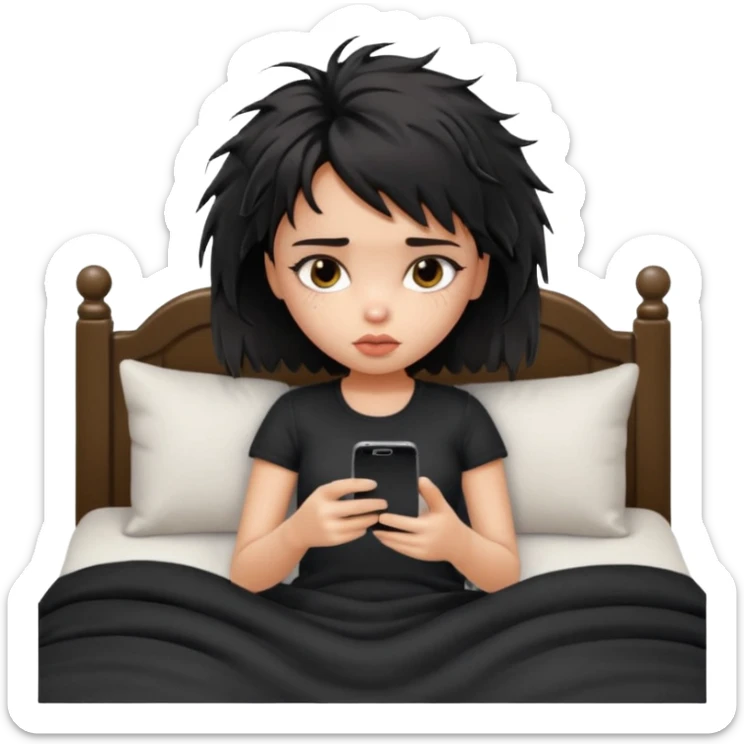 generate a pretty bratz girl with short black messy bed hair, looking tired and using her phone sticker