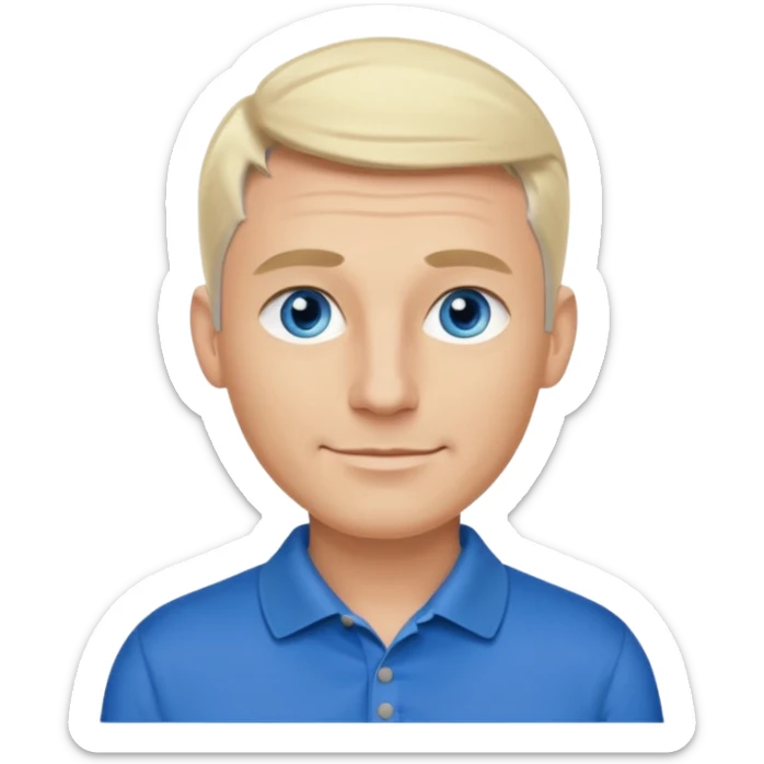 Avatar pic male 35 years old gray hair blue eyes clean shaven blonde eyebrows high cheekbones sly smile long eyelashes wearing a black golf shirt sticker