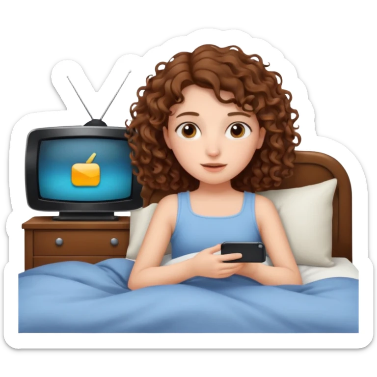 Draw a girl with shoulder-length curly hair, lying in bed watching TV, but make her look at the TV. sticker