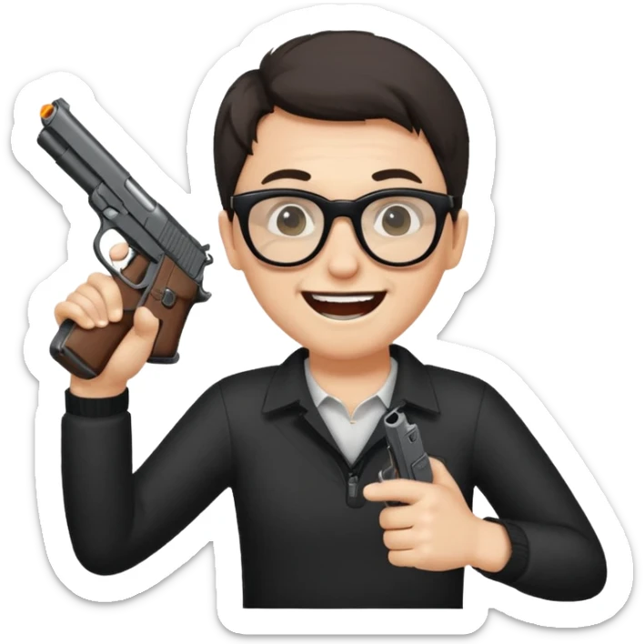 Quiero un emoji con lentes negros con una pistola automática en la mano riéndose y pasandose la pistola por la cara sticker