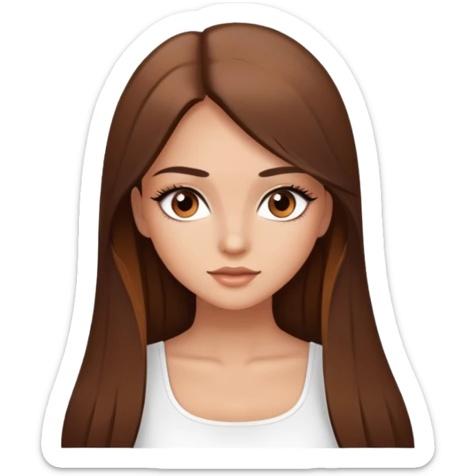 beautiful girl, long straight brown hair, brown eyes with lashes, wearing a white crop top, tan skin sticker