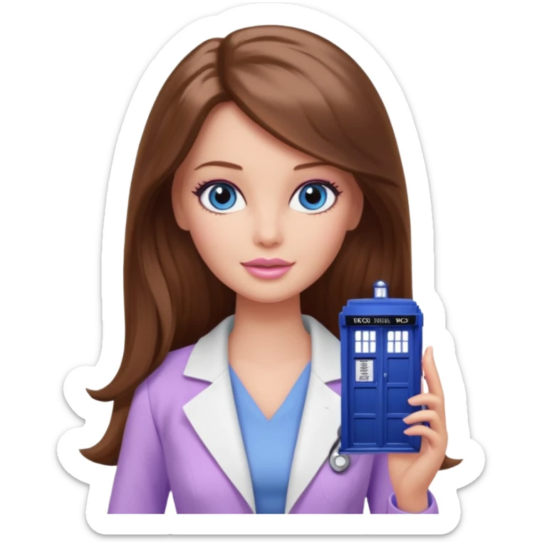beautiful barbie girl with long brown hair, blue eyes and wearing light purple clothes watching doctor who sticker