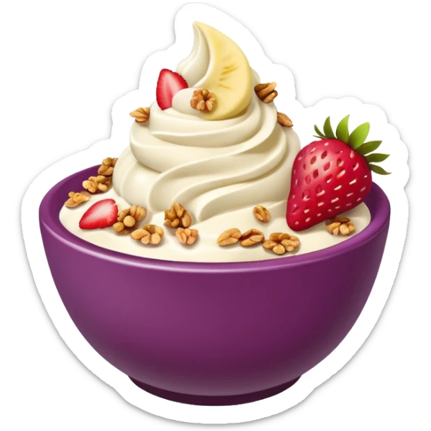 acai purple soft serve in a bowl strawberries and granola and chopped banana sticker
