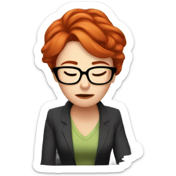 red hair woman wearing glasses sleeping frustrated desk monitor stack paper sticker
