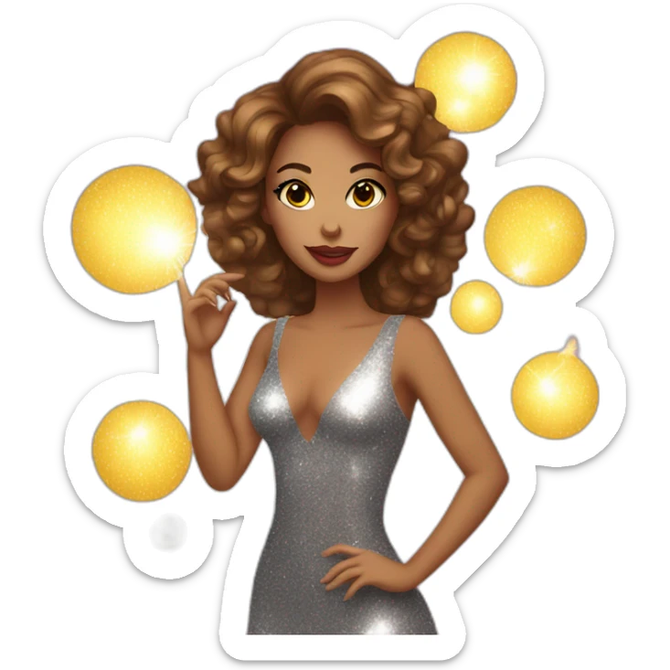 female with brown wavy hair dressed in a glitter dress and makeup, with disco ball sticker