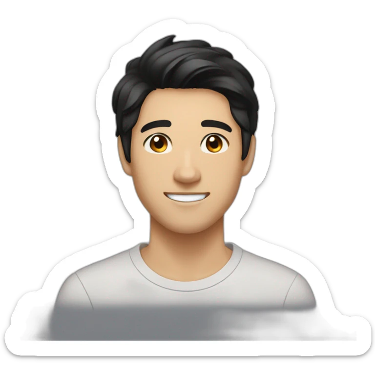 guy, black hair, medium length hair, in his 20s, very asian, smiling, t-shirt only, slight brown skin, dark brown eyes, slighty wavy hair sticker