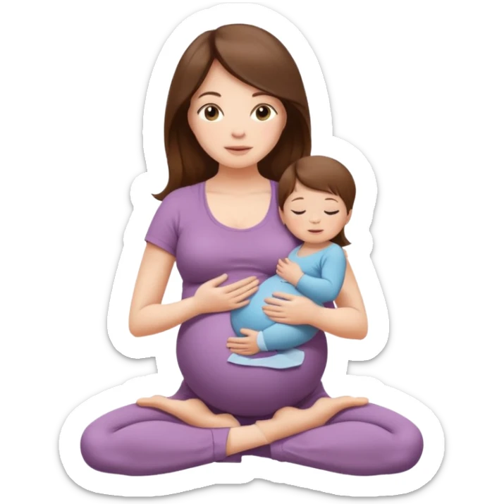 "Pregnant woman sitting in a yoga pose with long brown hair and fair skin, holding a newborn baby with short brown hair and fair skin." sticker