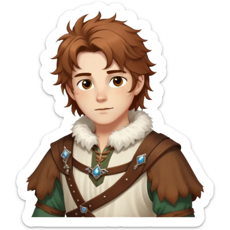 medieval spring outfit worn by a DnD themed fantasy male character. cotton tunic with sleeves rolled to the elbow, featuring a light fur-lined collar for chilly mornings. clothes only above the waist. The clothes full waist. The character's haven't arms. character is white-skinned, chestnut brown hair, amber eyes, shoulder-length messy hair. sticker