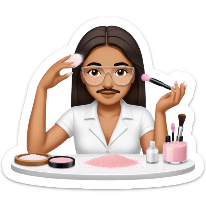 female salt bae sprinkling salt from her hand onto some makeup that is on a table sticker