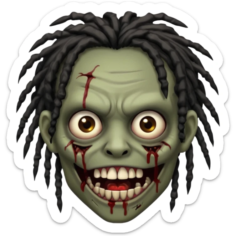 zombie with brown skin, messy black dreads hair, wide centered brown eyes, dark bloody marks under the eyes, and a slightly open mouth showing crooked teeth grillz, giving a distressed, undead look. sticker