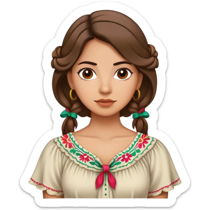 Latina woman, tied hair, light brunette, slim complexion, with typical mexican blouse sticker