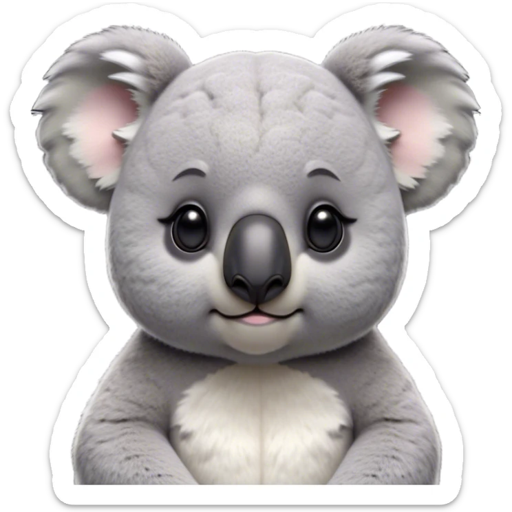Cinematic Noble Koala Portrait Emoji, Poised and regal, with a stocky, cuddly build and a plush, well-groomed grey fur, large round ears and a distinctive big black nose, deep-set soulful dark eyes, Simplified yet sharp and sophisticated features, highly detailed, glowing with a soft, dignified glow, high shine, intelligent and gentle, stylized with an air of eucalyptus elegance, focused and attentive, soft glowing outline, capturing the essence of a watchful and confident marsupial, so majestic it feels as though it could climb out of the screen with effortless authority! sticker