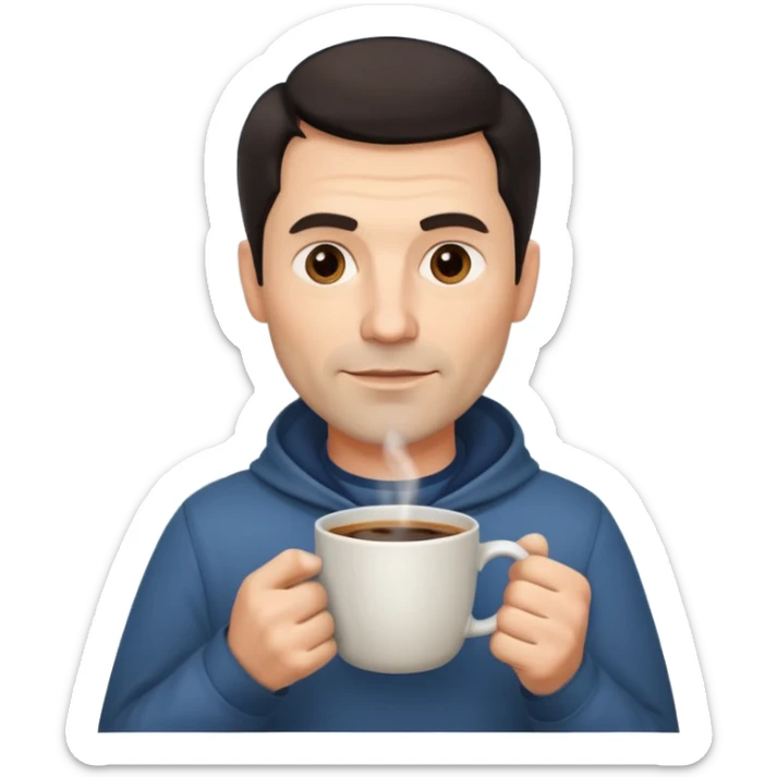 A handsome 45 year old white man with dark hair in a fog drinking a cup of coffee sticker