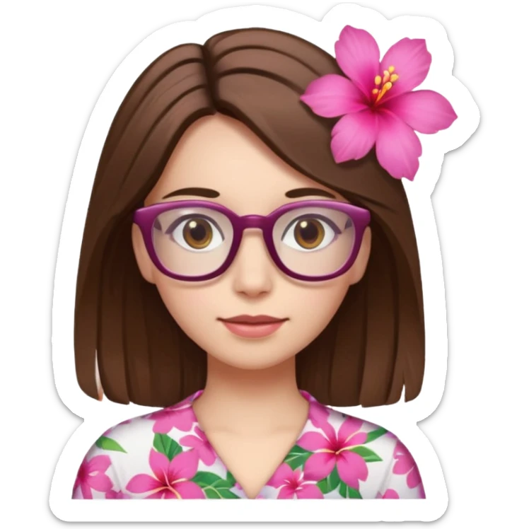female with white skin. Shoulder length straight brown hair. Brown eyes with glasses. Hawaiian Flower in hair sticker