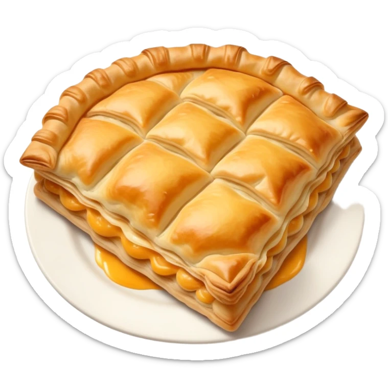 cinematic-realistic-flat burek-sa-sirom-dish-emoji,-showcasing-a-flaky-pastry-filled-with-cheese-rendered-with-crisp-textures-and-appetizing,-warm-lighting.  sticker