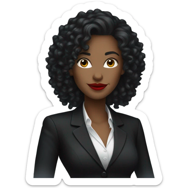 corporate white woman, red lipstick, long black curly hair, with a phone, black shirt, black blazer  sticker