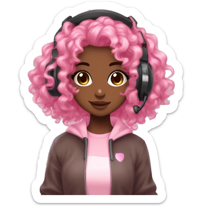 DARK BROWN SKIN GAMER GIRL WITH PINK CURLY HAIR gamingheadset pink kawaii gamer shiny blushing cute kawaii pastel anime trending style pink gaming headset gamergirl pastelcore sticker