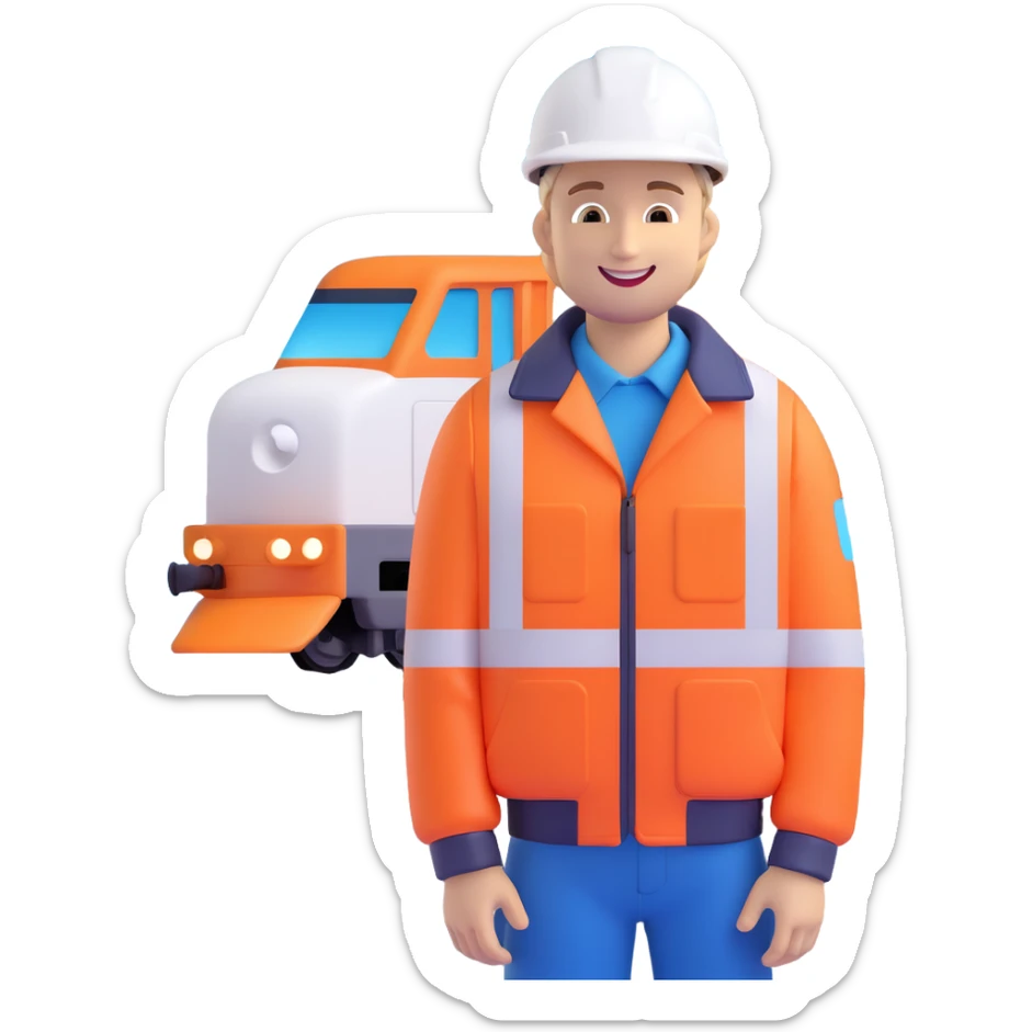 Emoji of Keith Morey, Network Rail staff, smiling in orange hi-vis jacket and white hard hat, with a train in the background sticker