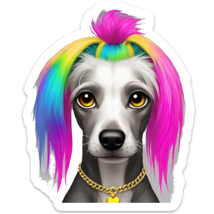 Punk Chinese crested dog neon rainbow hair gold chain punk piercings tattoos punk ear piercings sticker