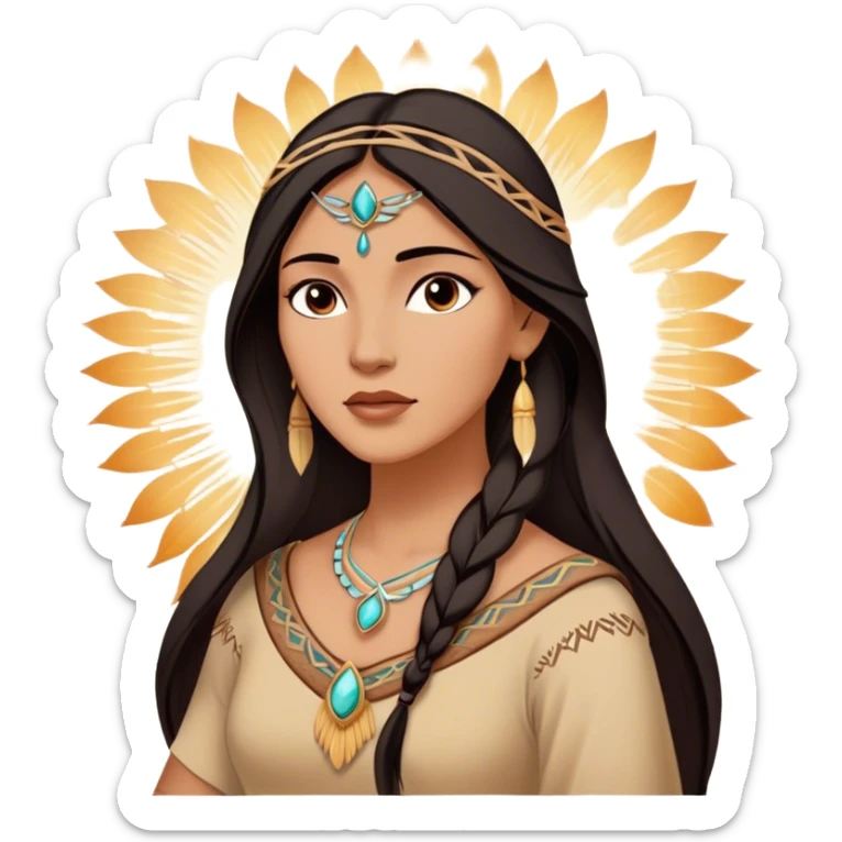 Cinematic Radiant Pocahontas Portrait Emoji, rendered in a vector-style with clean lines. Show Pocahontas with luminous, sun-kissed skin and flowing dark hair adorned with subtle natural ornaments, her expression calm and kind, dressed in simple traditional attire with earthy tones. The image glows softly with a warm, inviting radiance, enhanced by a soft glowing outline. sticker