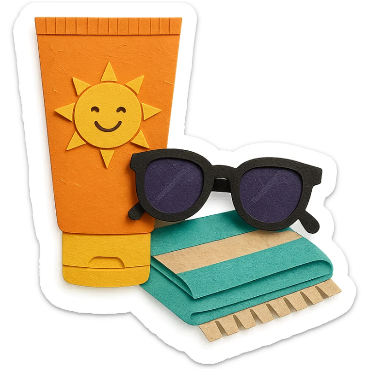 tube of sunscreen with a smiling sun, next to sunglasses and a towel, paper-craft style sticker